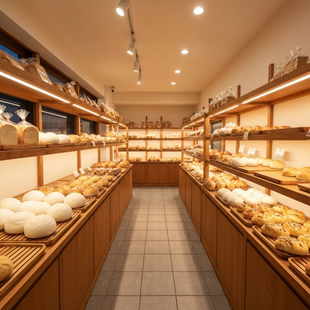Inside Kangti Bakery showing display shelves with fresh breads and pastries