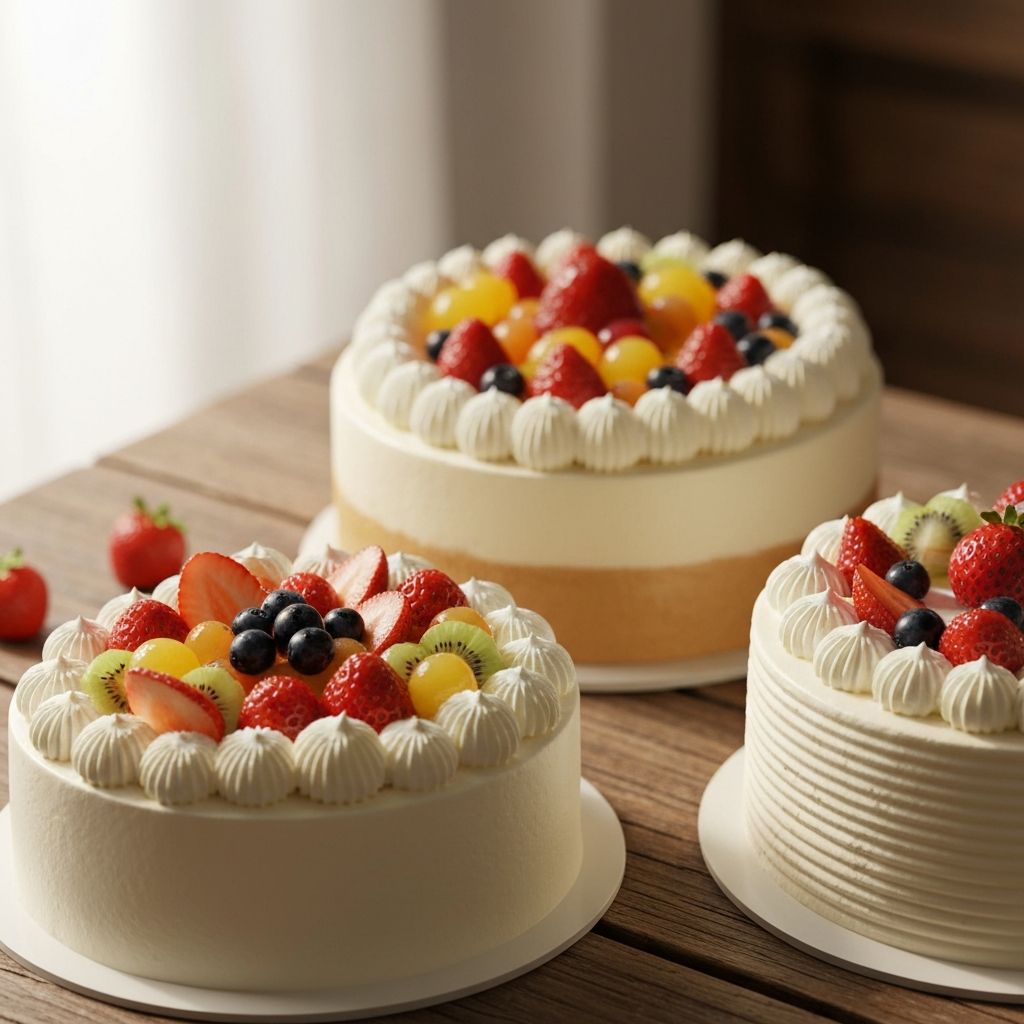 Elegant celebration cakes with fresh fruit and decorations