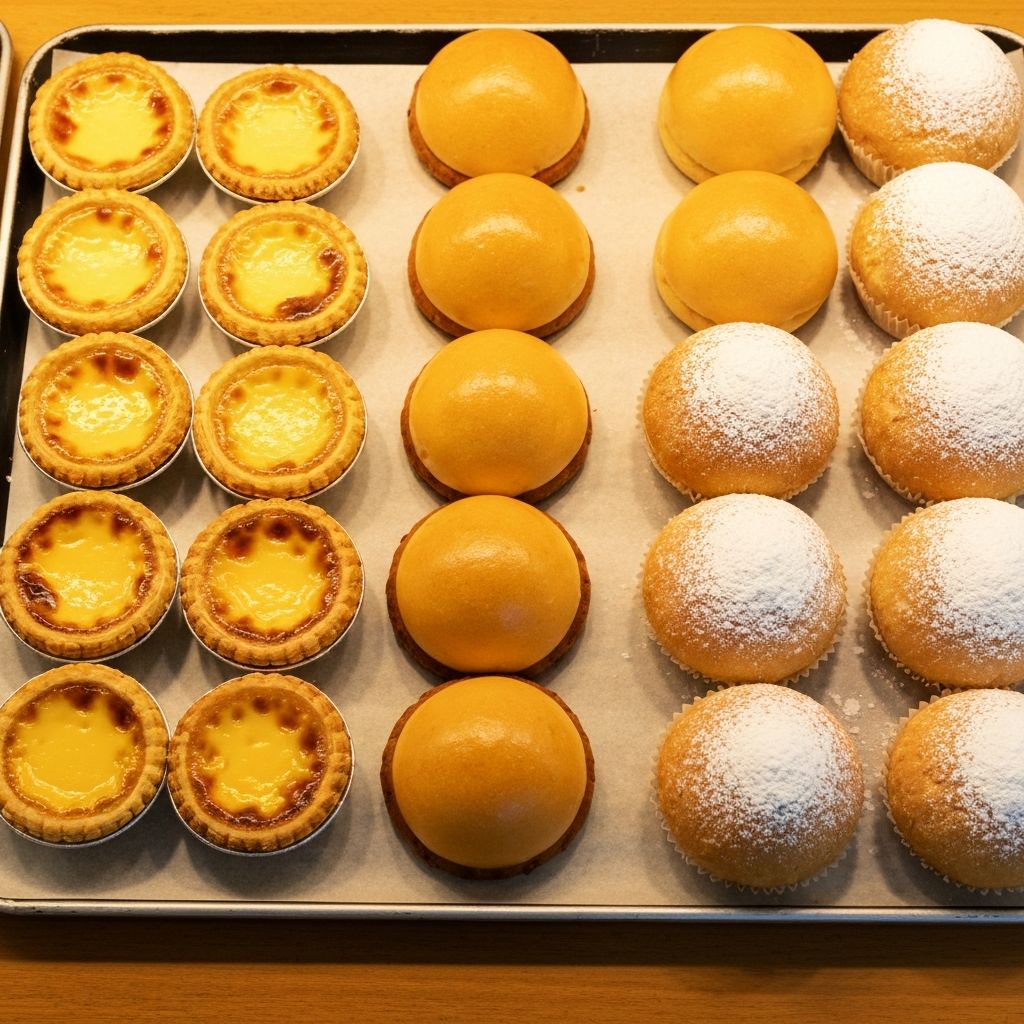 Assorted sweet pastries including egg tarts and custard buns